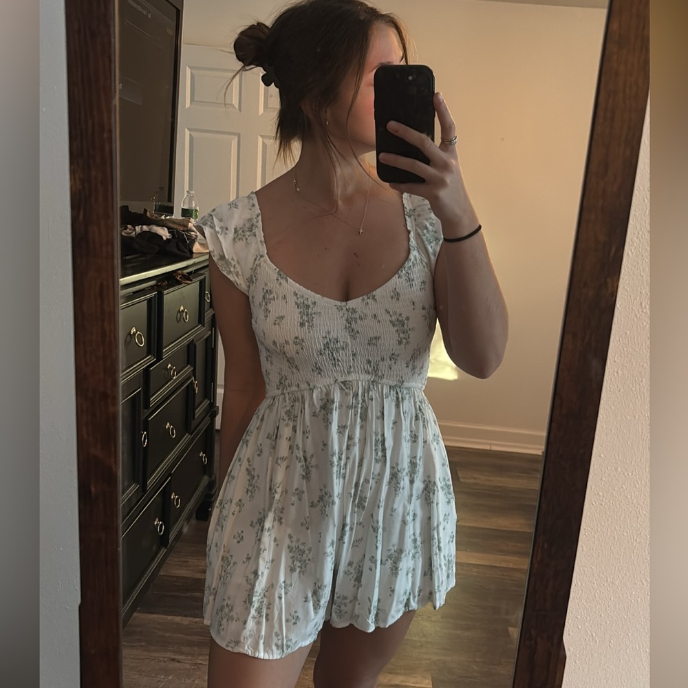 Hollister White Dress with Green Floral Design